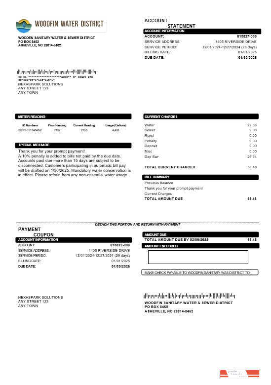 USA North Carolina Woodfin Sanitary Water & Sewer District business utility bill template in Word and PDF formats